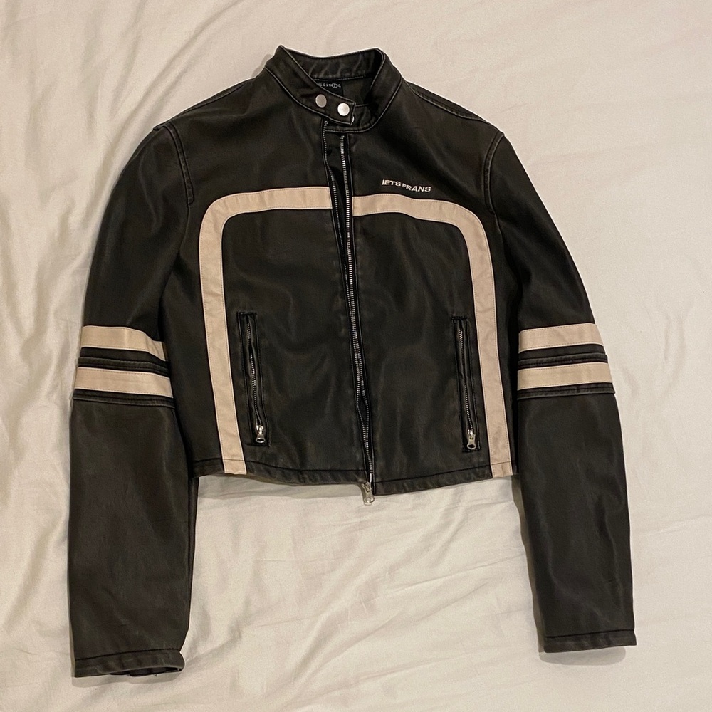 Iets frans Contrast Trim Leather Moto Jacket - Black/Cream